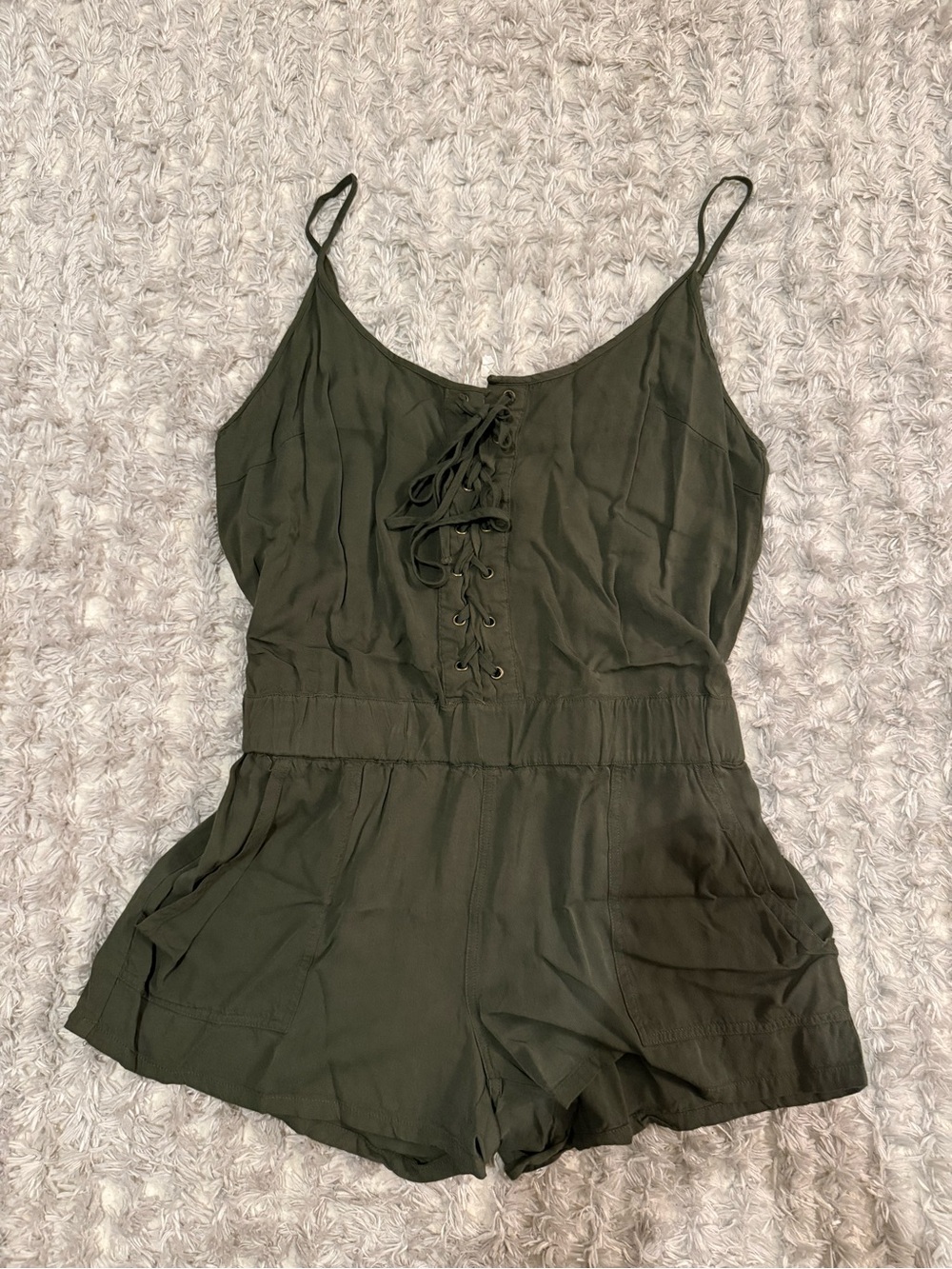 Sleeveless Olive Green Lace-Up Romper with Pockets